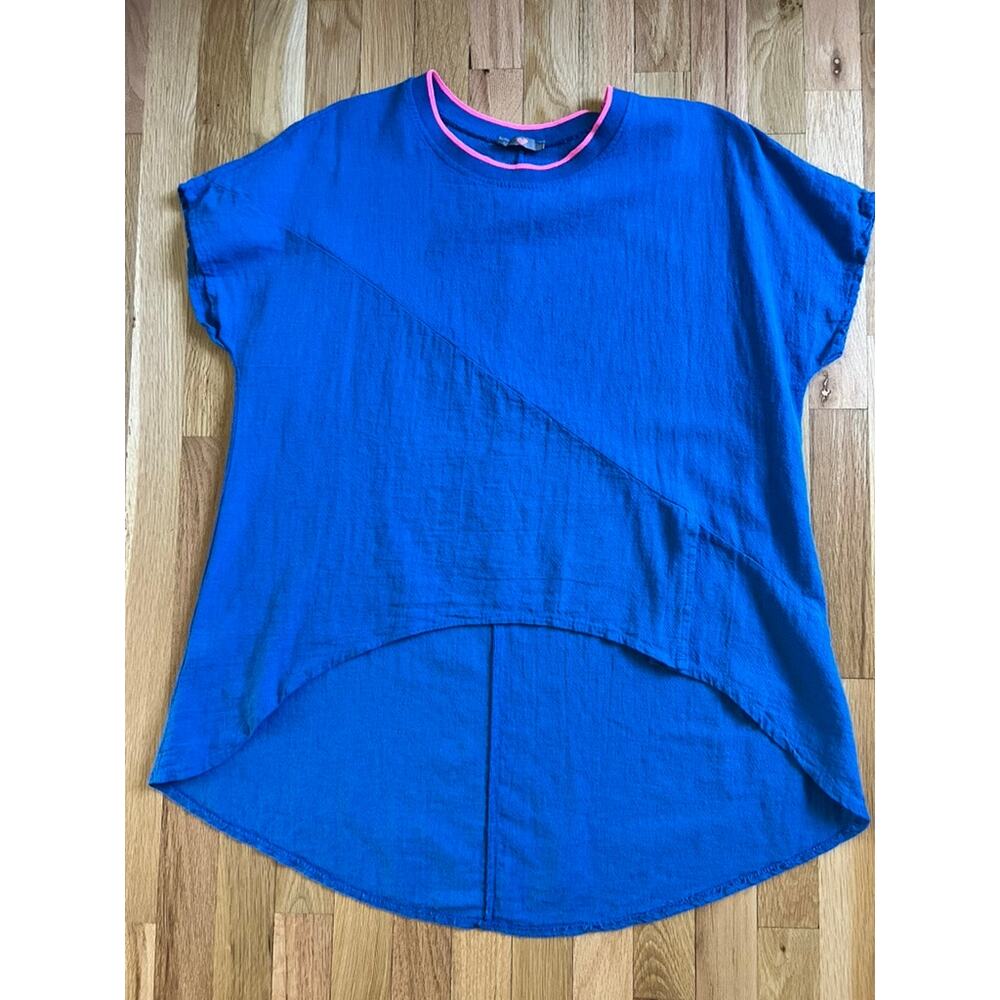 Three Hearts Royal Blue Tunic Pink Trim Linen Lagenlook Hi Low Top (size 3 L)